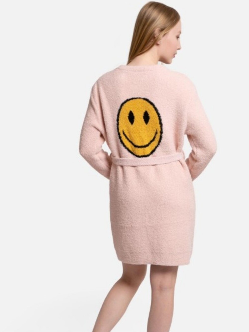 NWT ComfyLuxe Happy Face Plush Knit Robe Cardigan One Size Fits Most Pink